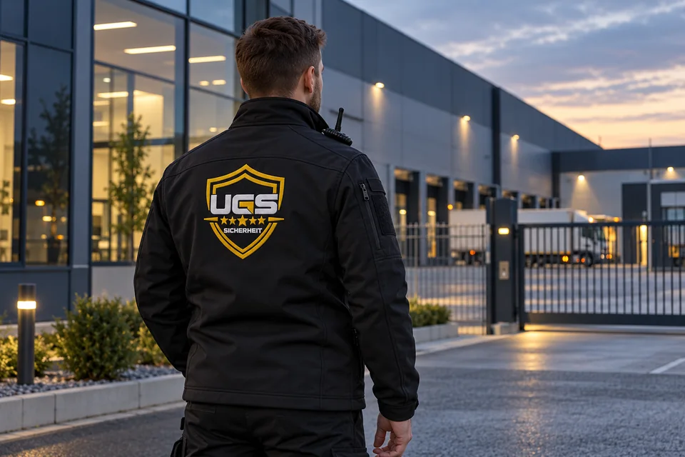 KI-Illustration: Sicherheitskraft mit goldenem UGS-Logo auf der Jacke vor einem Gewerbeobjekt.